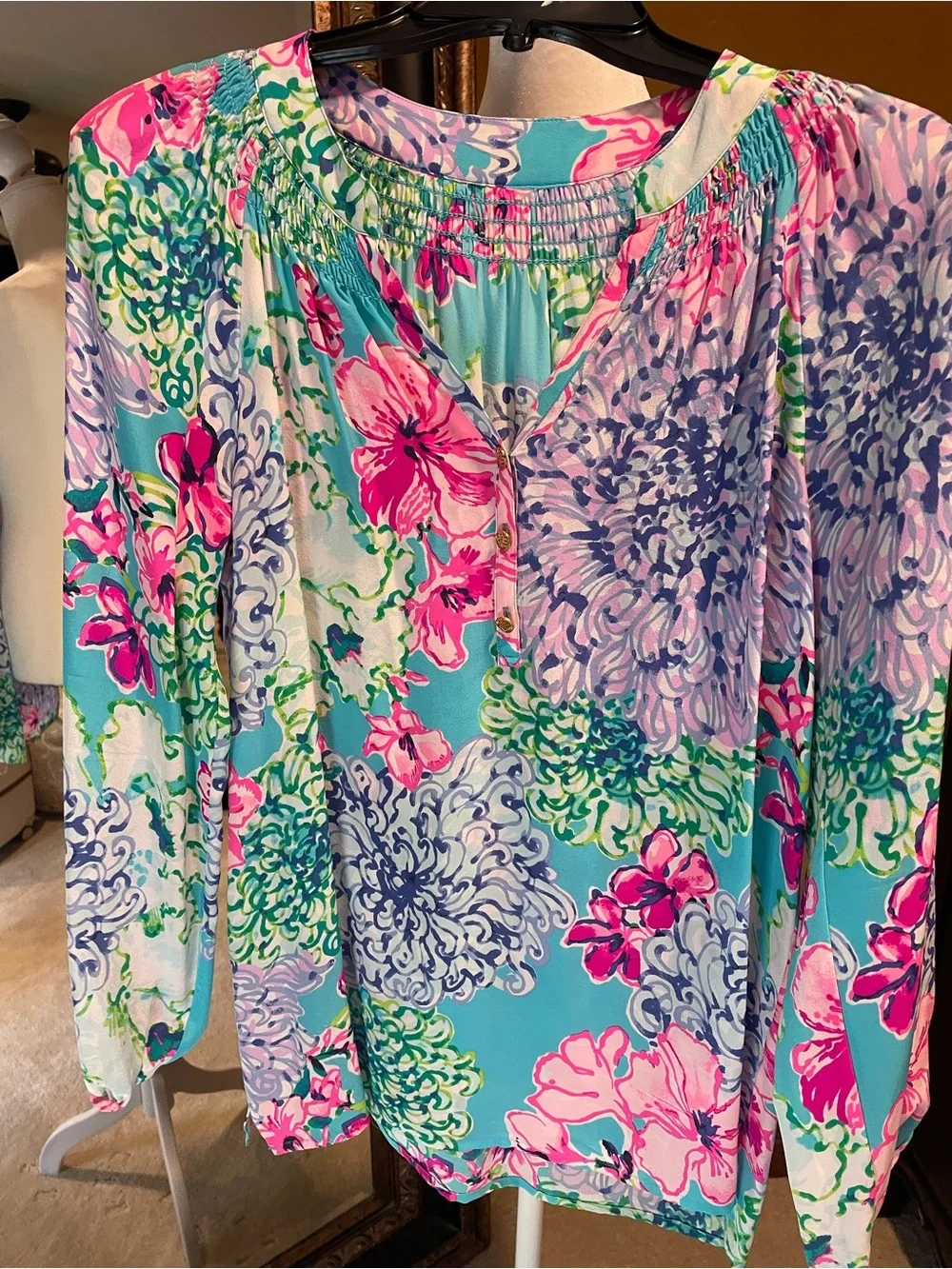 Lilly Pulitzer Vibrant Floral Peasant Blouse - Aqua, Pink & Lavender - Picture 1 of 5